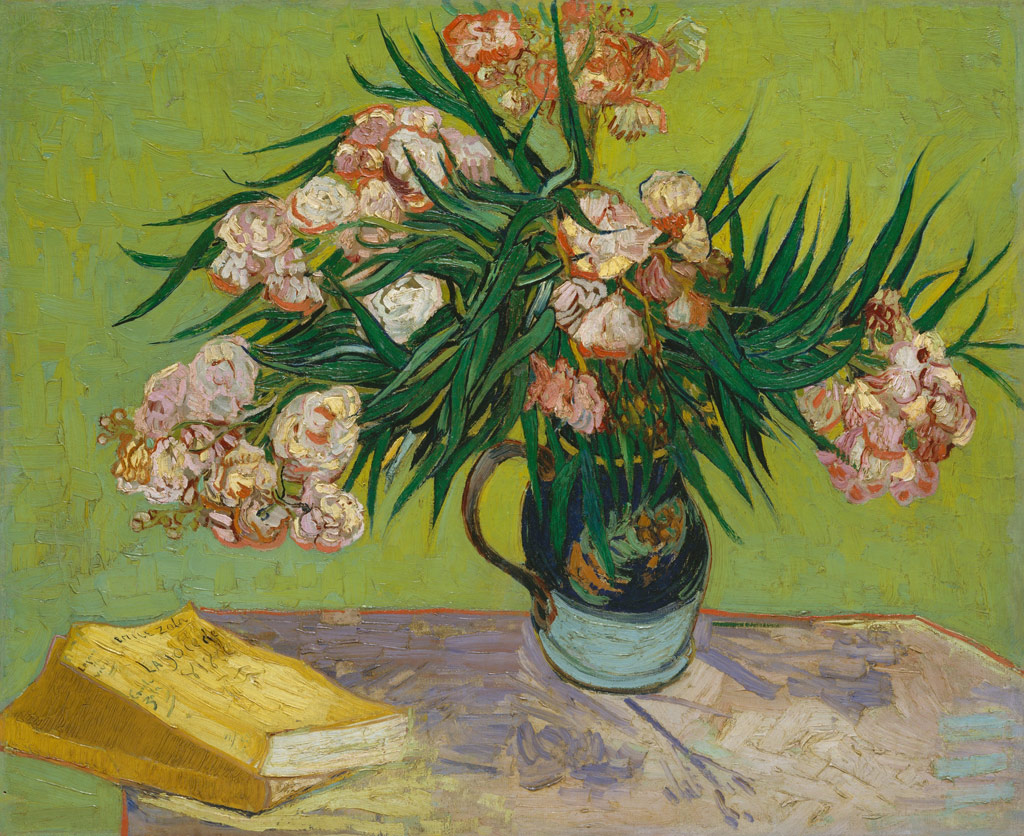 キョウチクトウのある花瓶と本／Gogh