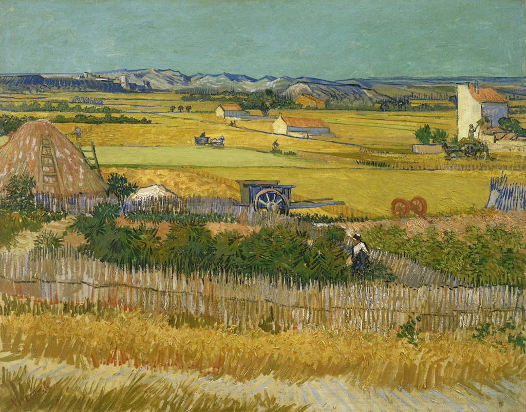 クロー平野の収穫、背景にモンマジュール／Gogh