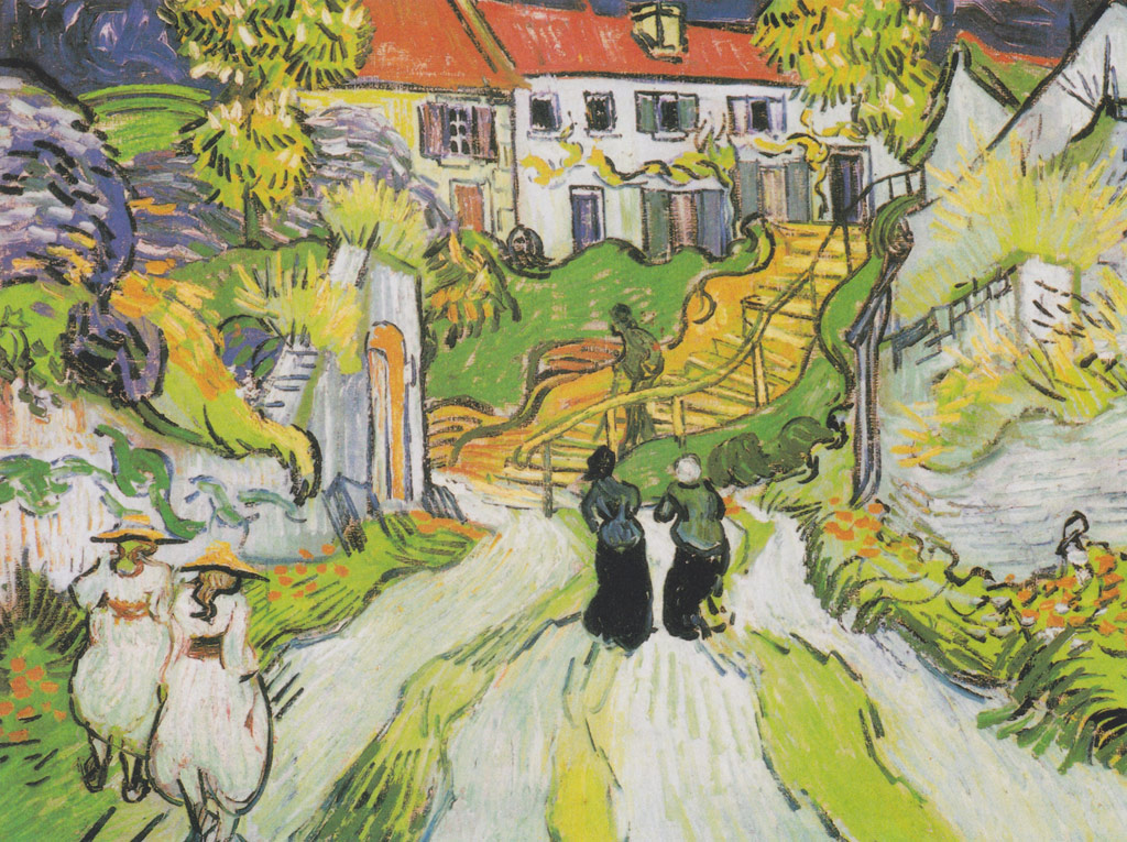 人物のいるオーヴェルの村の通りと階段／Gogh