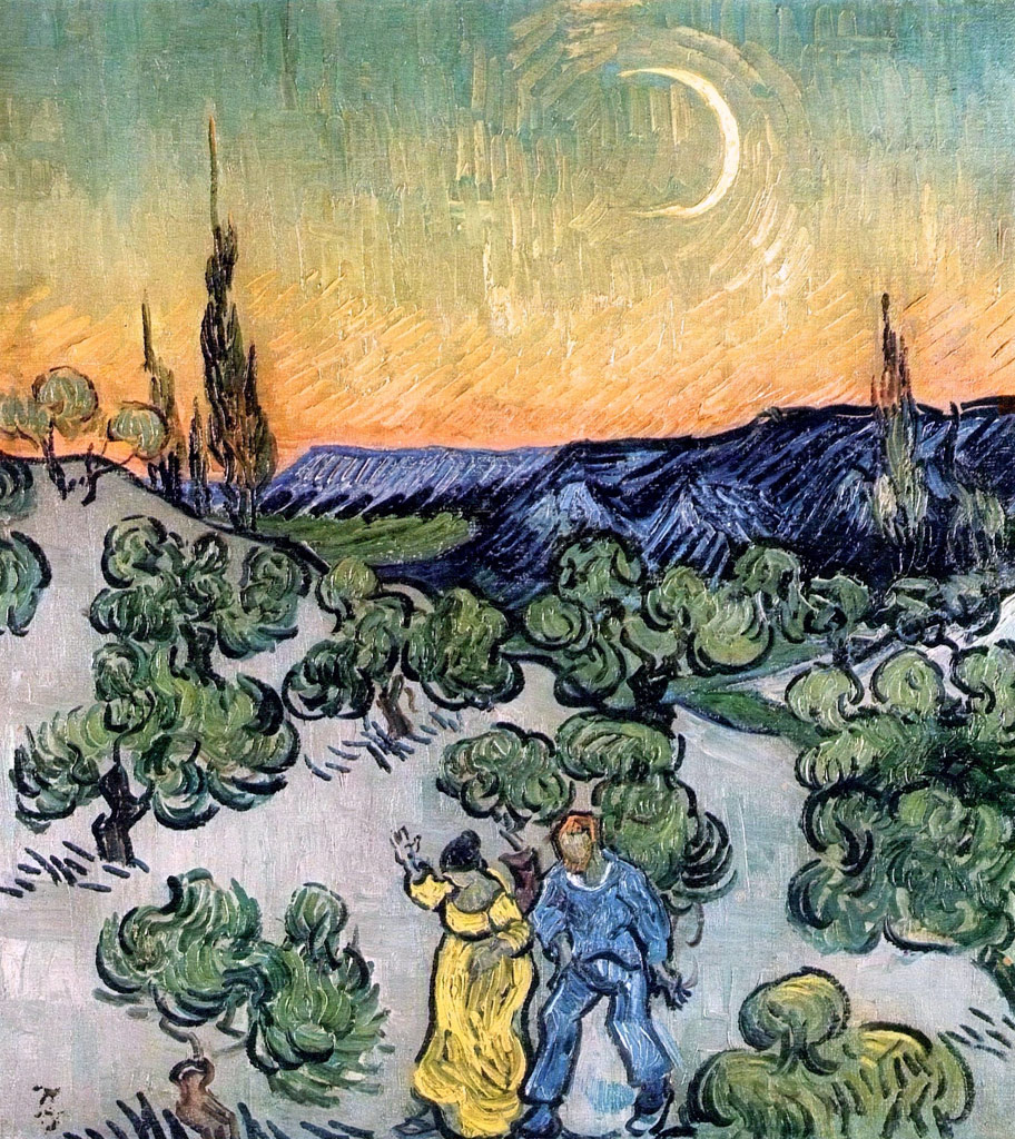 歩くカップルと三日月のある風景／Gogh