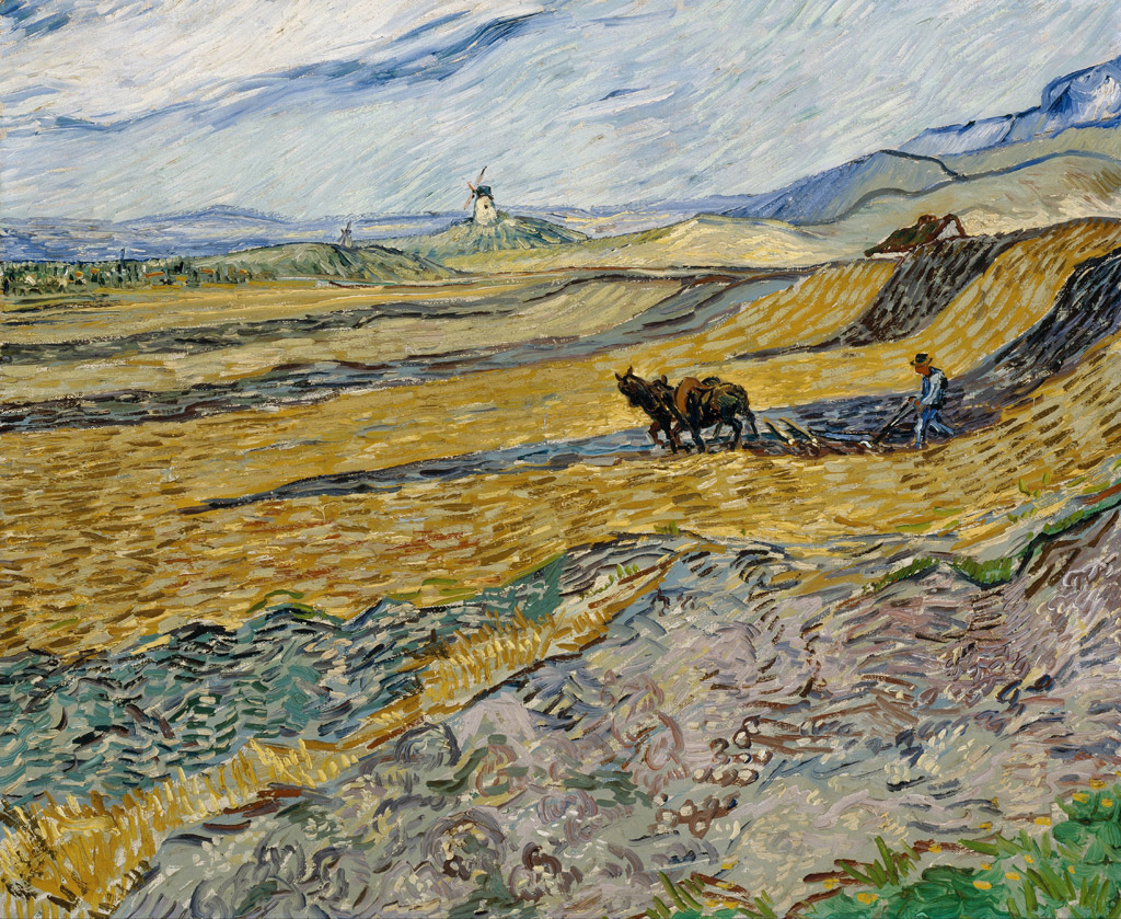 耕す人と風車のある畑／Gogh