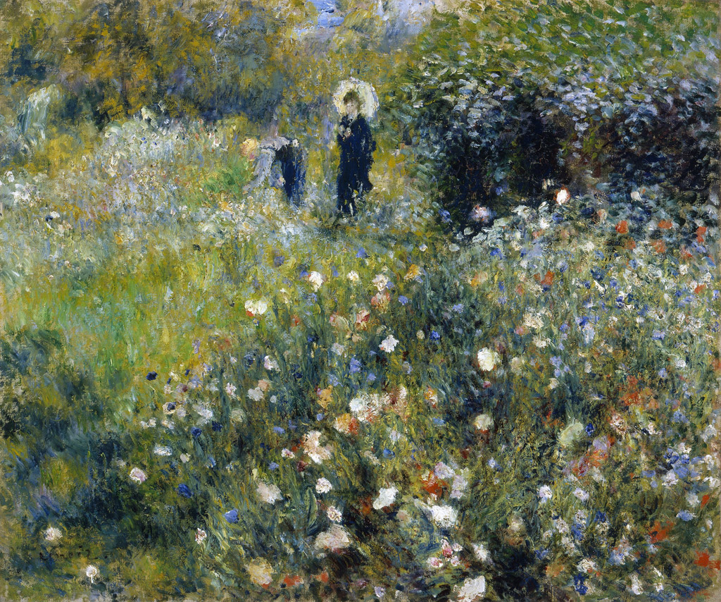 庭で日傘を持つ女性／Renoir