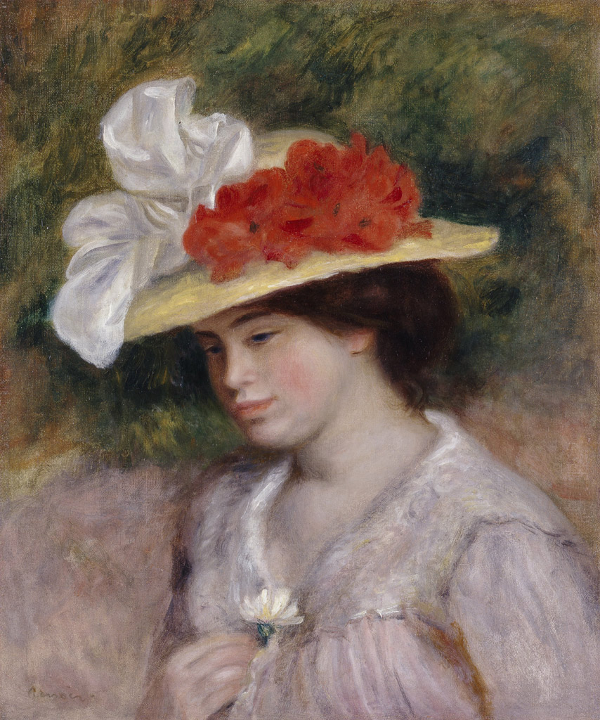 花で飾られた帽子をかぶった女／Renoir