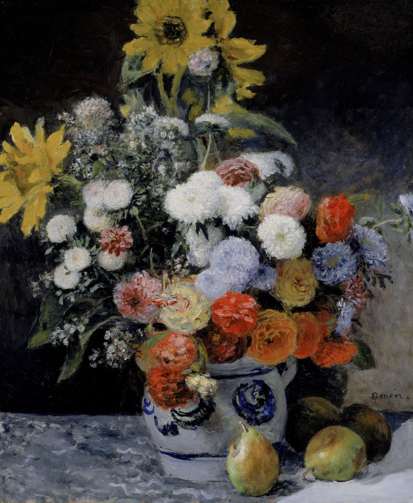 陶器の花瓶と花／Renoir